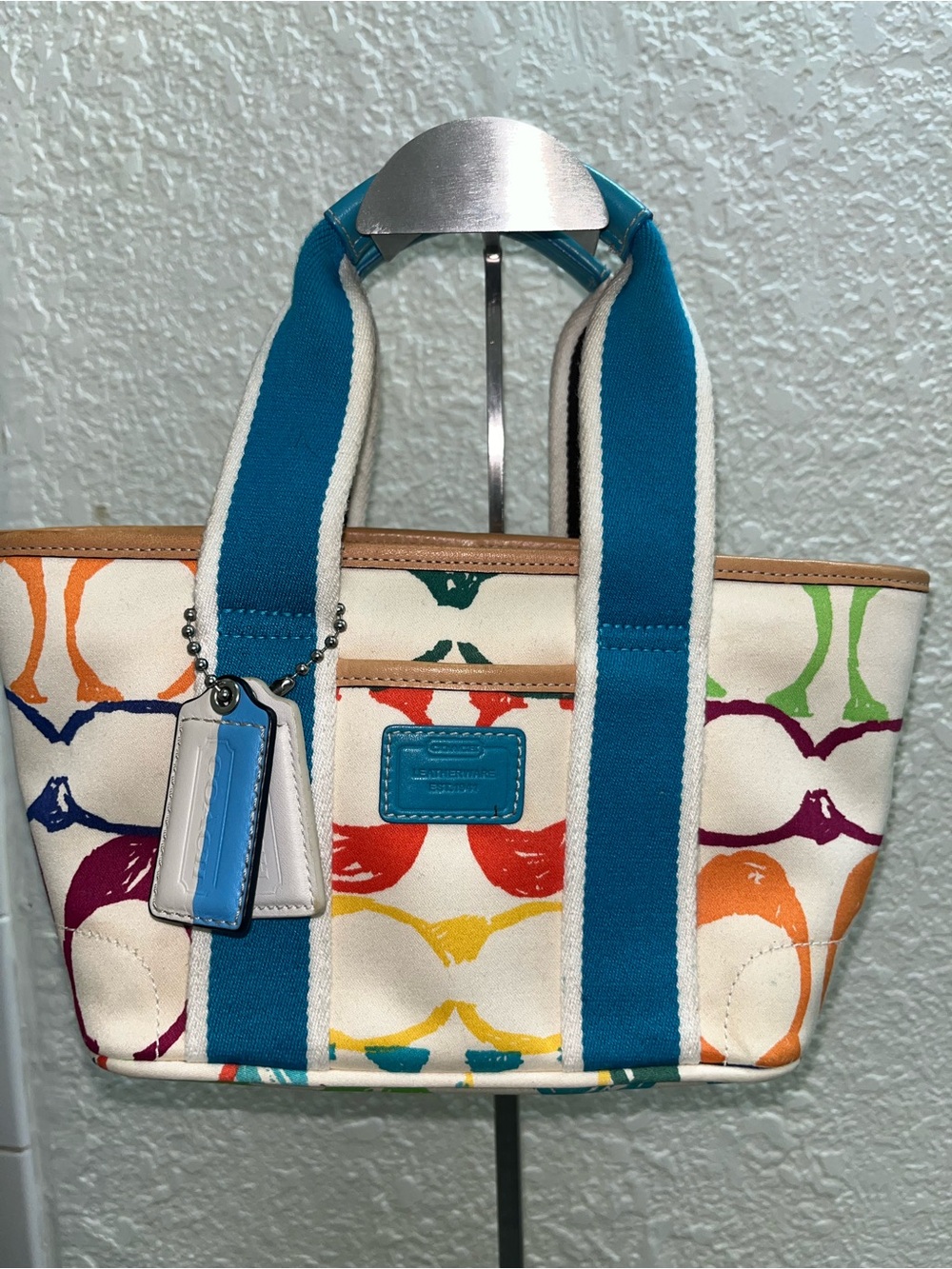 Coach Multicolor Signature Stripe Mini Tote Bag Canvas Blue Handles